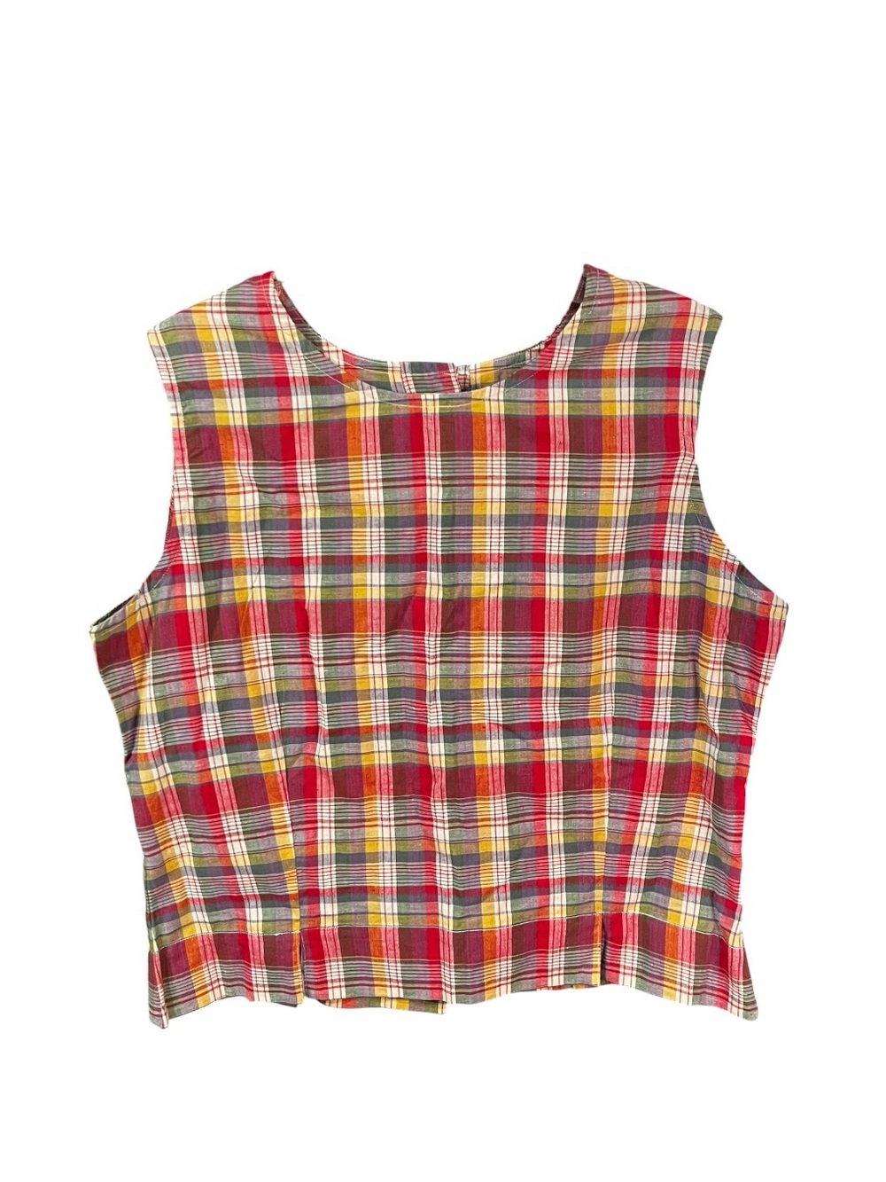 Women’s Red Plaid Sleeveless Back Button Top